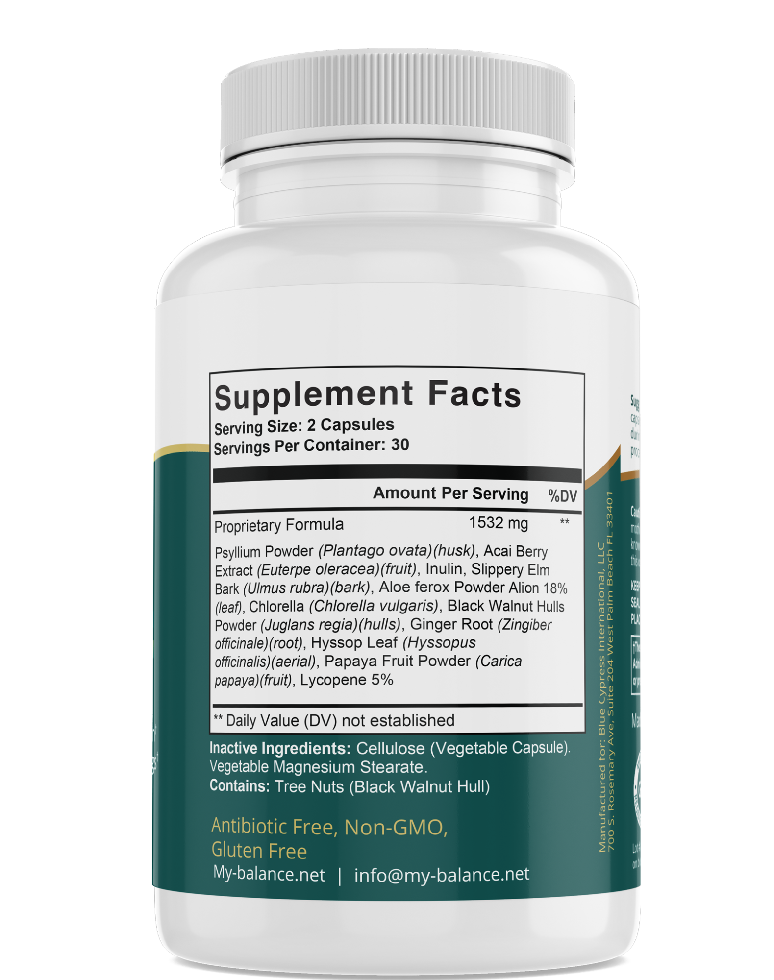 Colon Cleanse dietary supplement bottle back panel with Supplement Facts