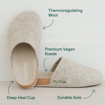 Beige house shoe showing plush wool upper and tan durable sole
