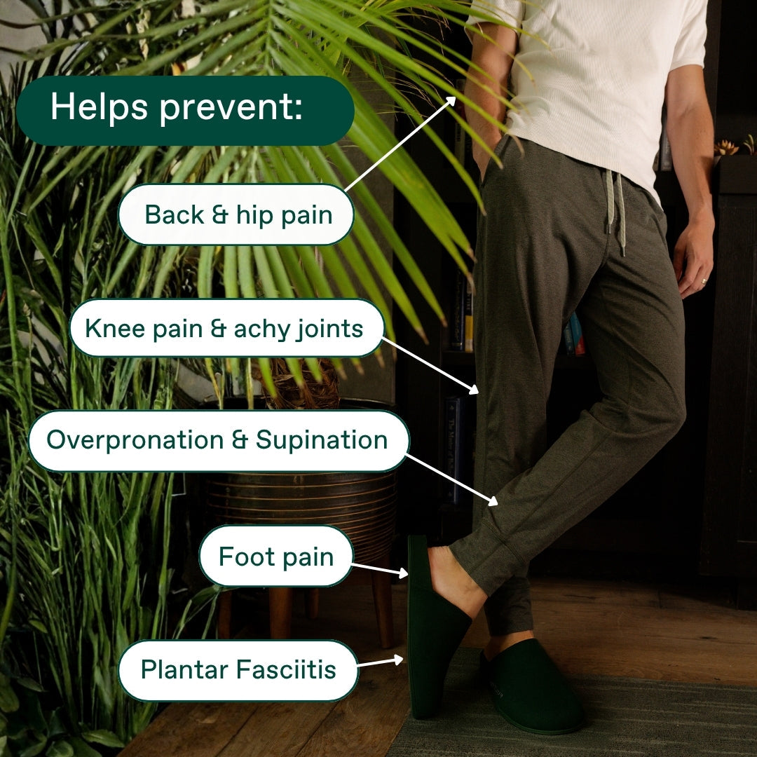 Forest green slip-on house slippers worn with dark pants, open heel, FULTON logo.