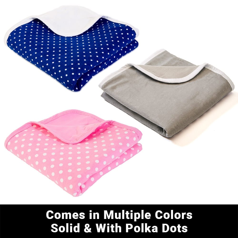 Baby blanket trio: blue with white dots, light gray solid, and pink with white dots
