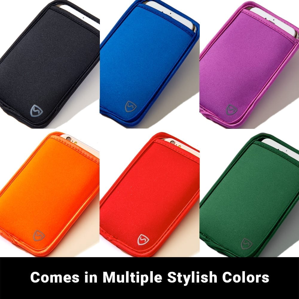 Phone pouch color options: black, blue, purple, orange, red, green