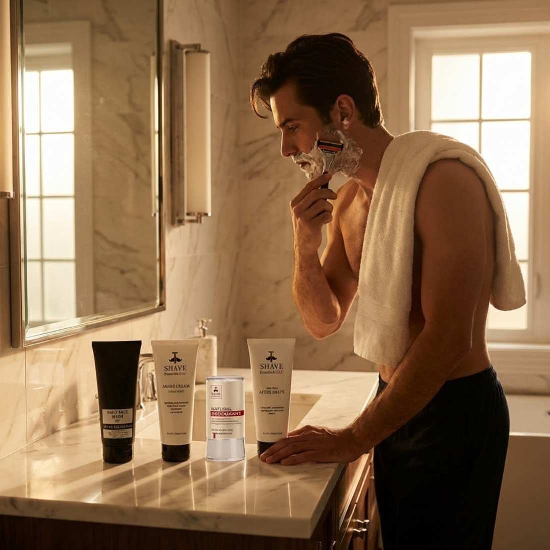 Men's grooming kit with man shaving; grooming products lined on bathroom counter