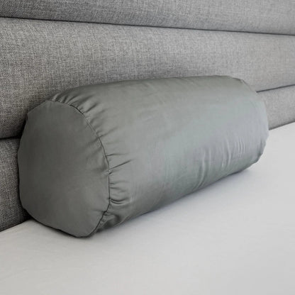 Light gray bolster pillowcase, side view with stitched edge and seam lines.