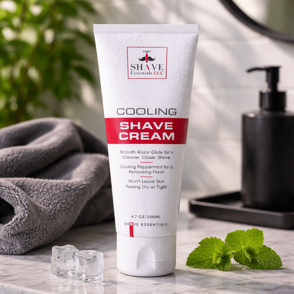 Cooling shave cream tube standing on a counter, white with red label