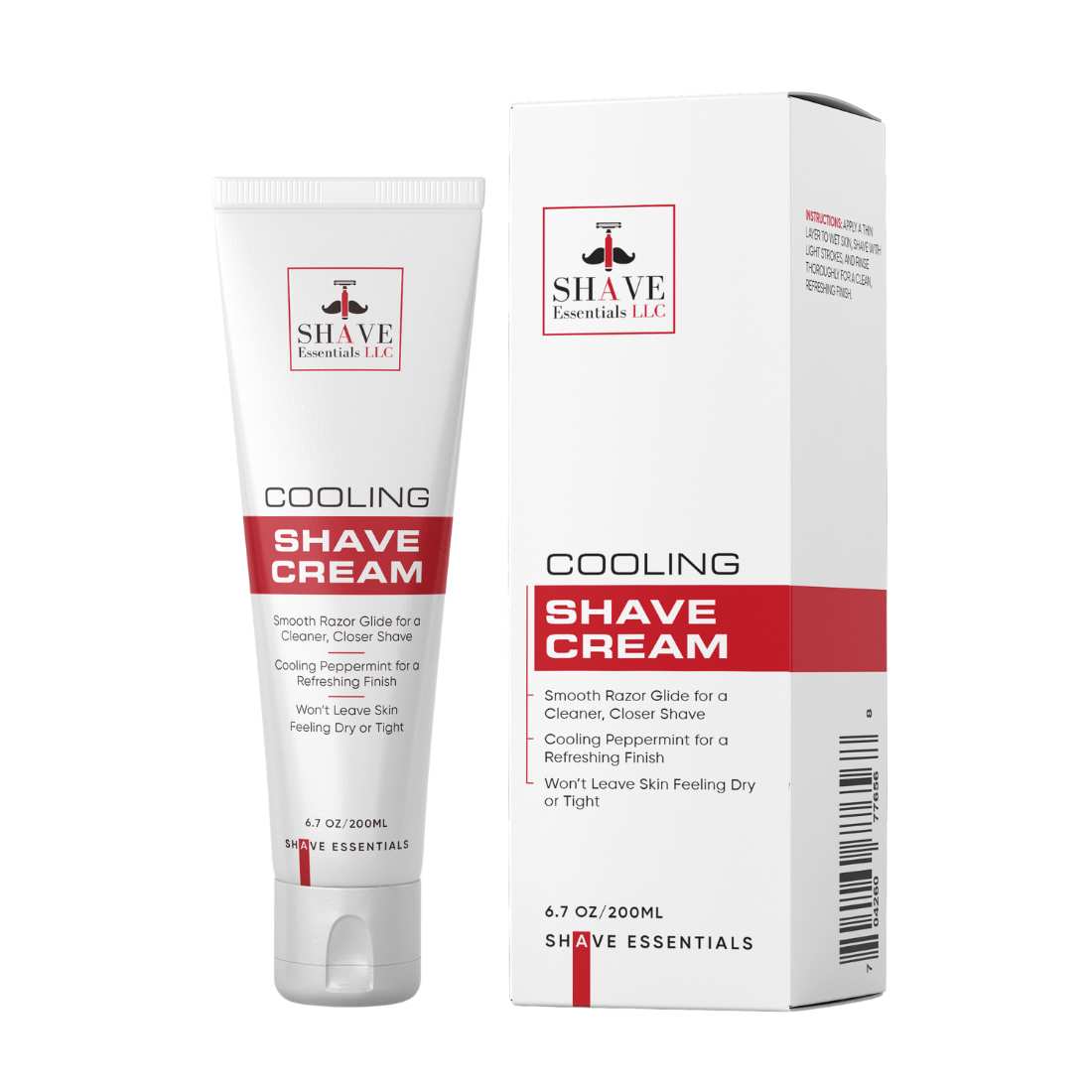 Cooling shave cream tube and white box with red label