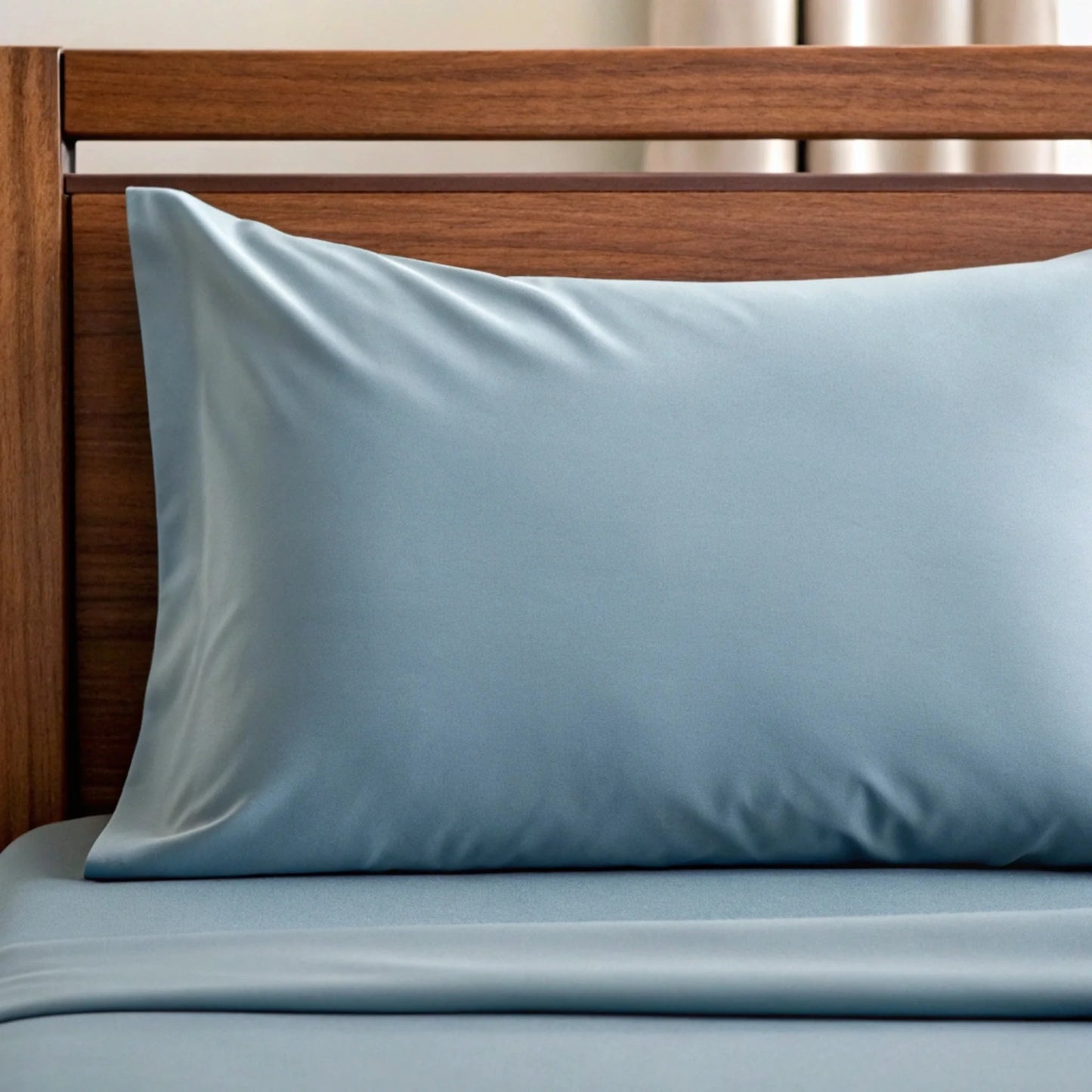Dusty blue bamboo pillowcase with smooth fabric and sewn edge detail