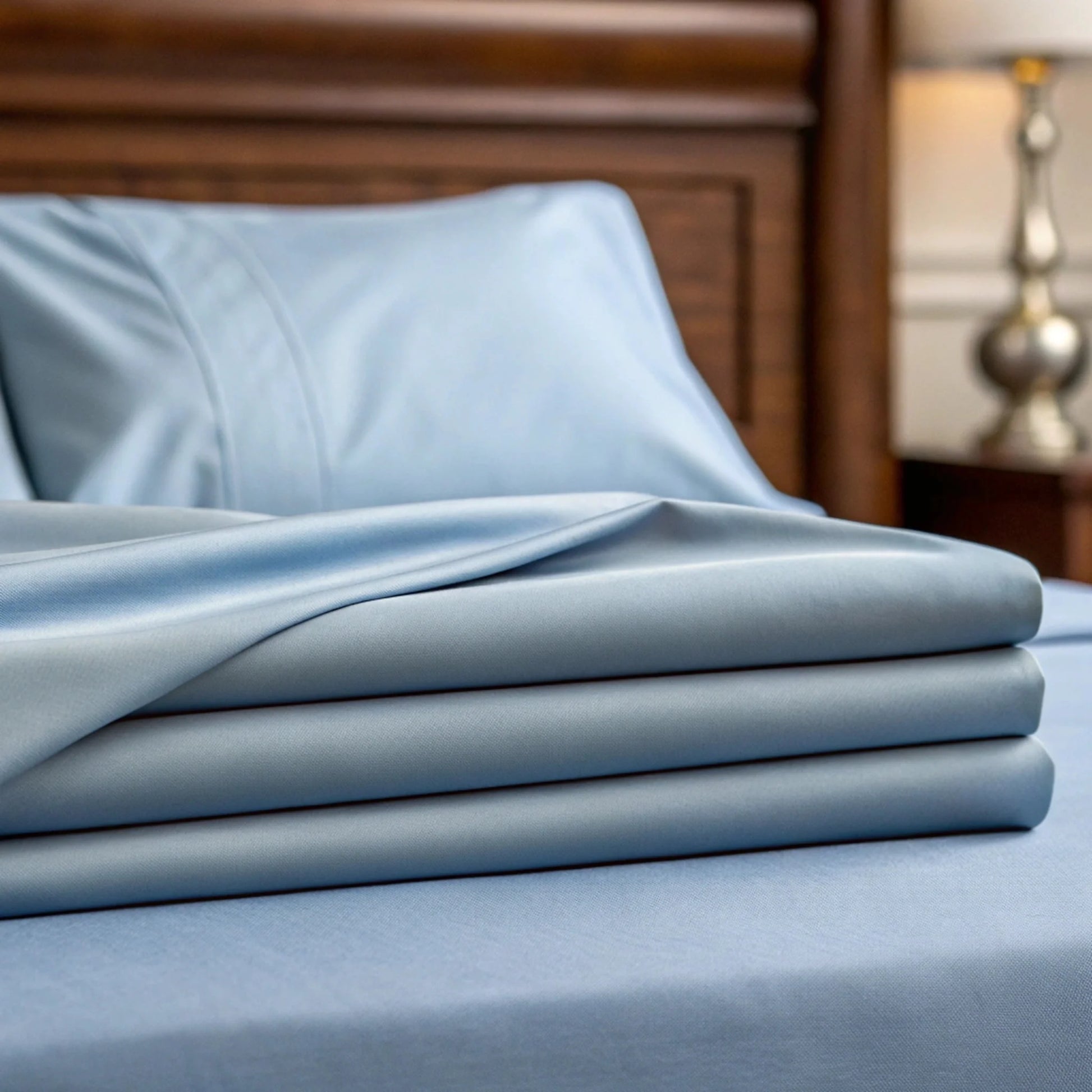 Dusty blue sheet set fabric folded, showing smooth weave and neat seams.