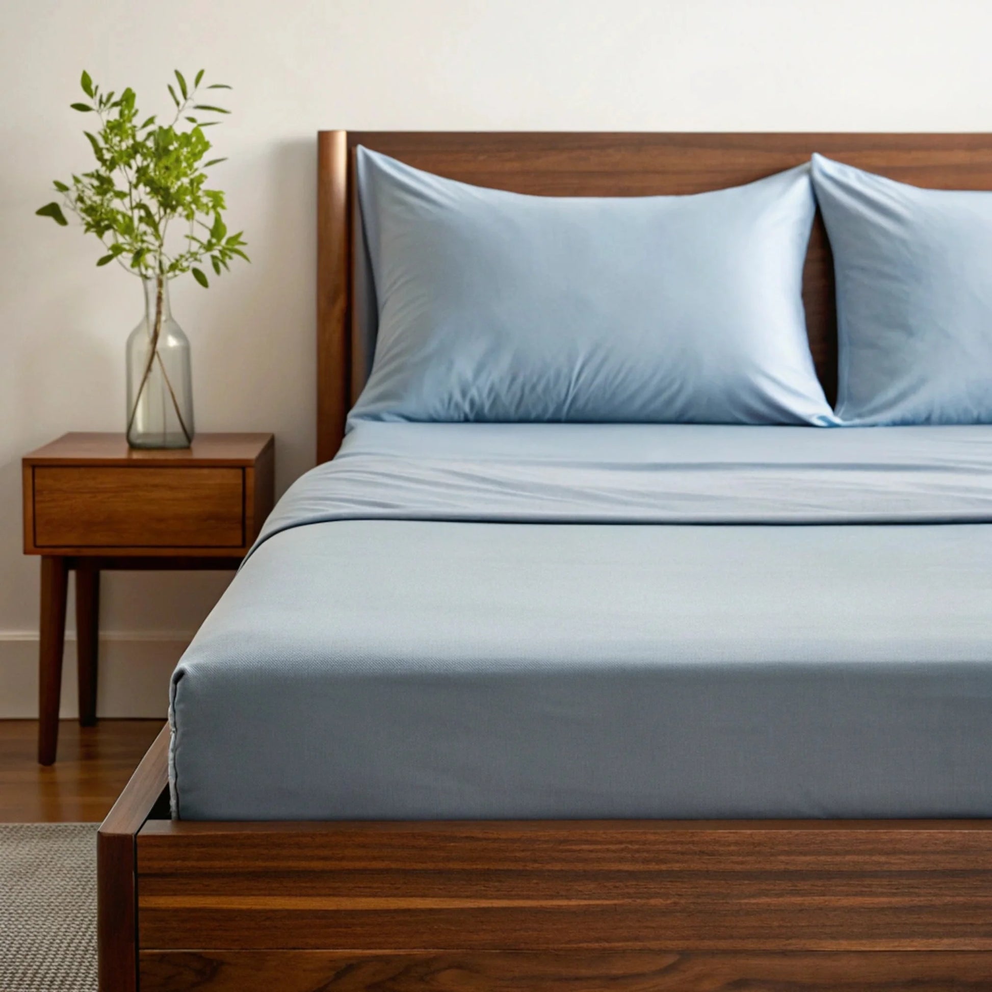 Dusty blue sheet set with matching pillowcases and duvet cover on a bed.