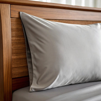 Gray bamboo pillowcase with smooth fabric finish and visible matching seam
