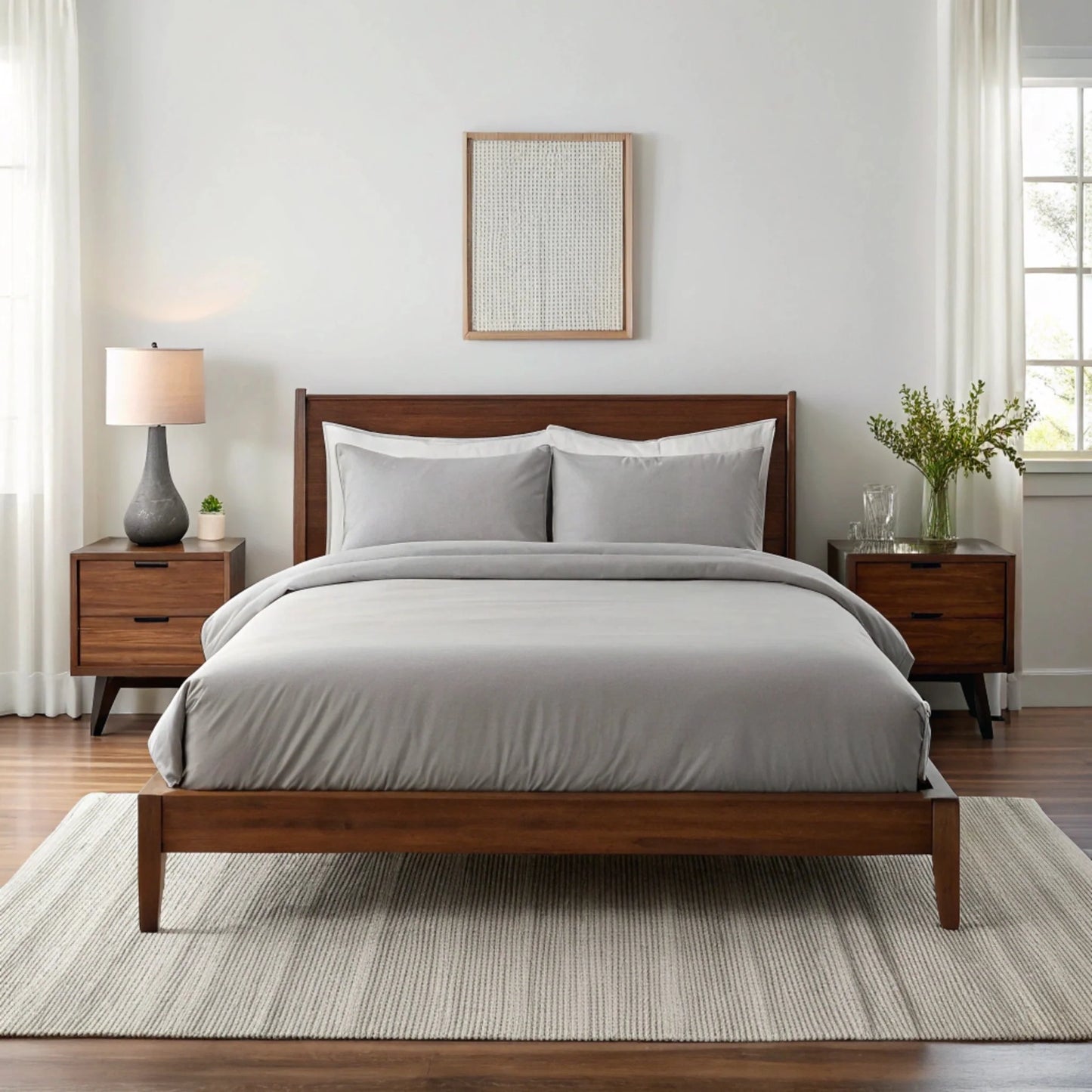 Feather gray sheet set with two pillowcases and fitted sheet on a bed.