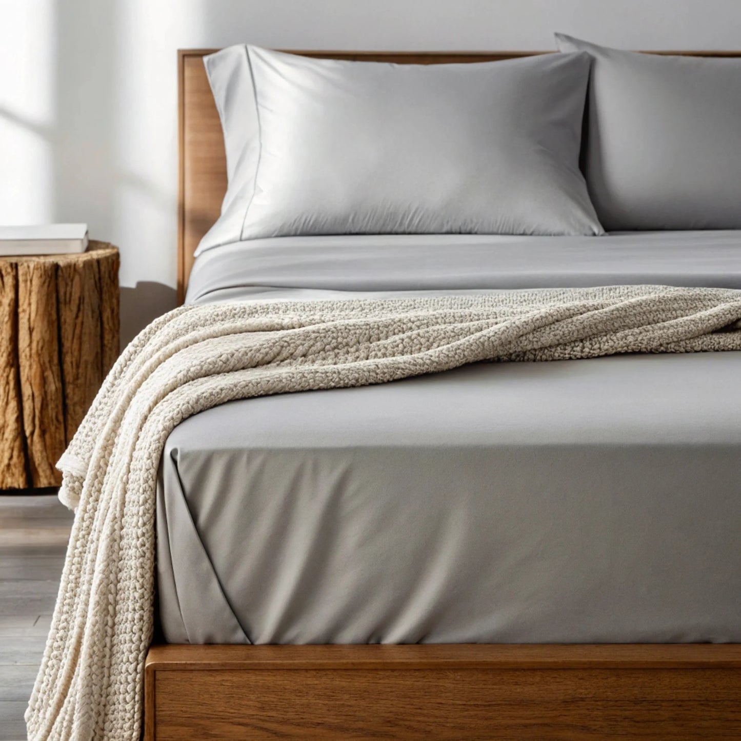 Powder white sheet set on bed with two pillowcases and textured throw blanket.