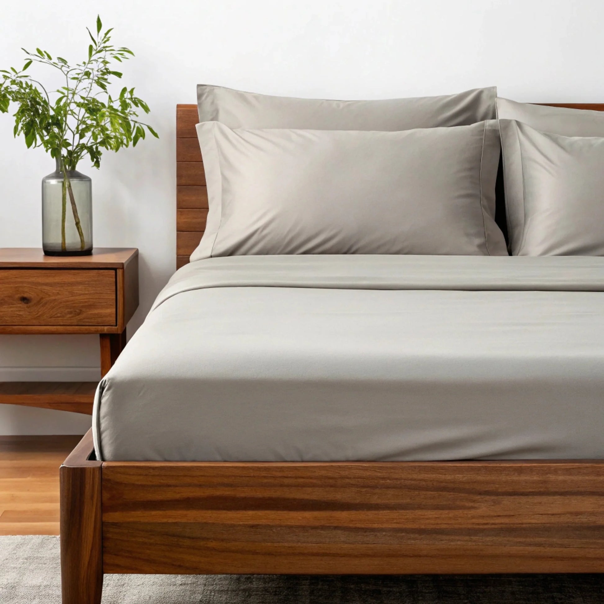 Copper-infused bamboo sheet set in light gray, bed linens with matching pillowcases