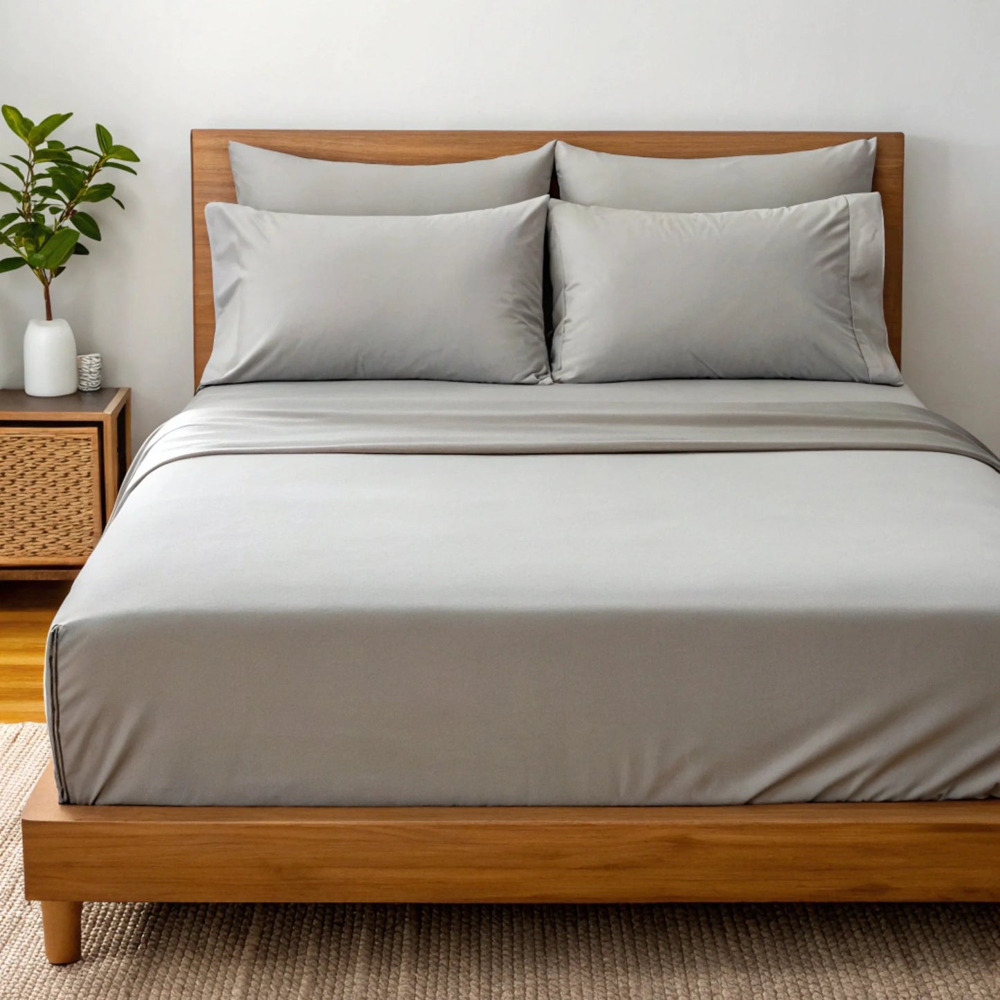 Powder white sheet set with two pillowcases and duvet cover on a bed.