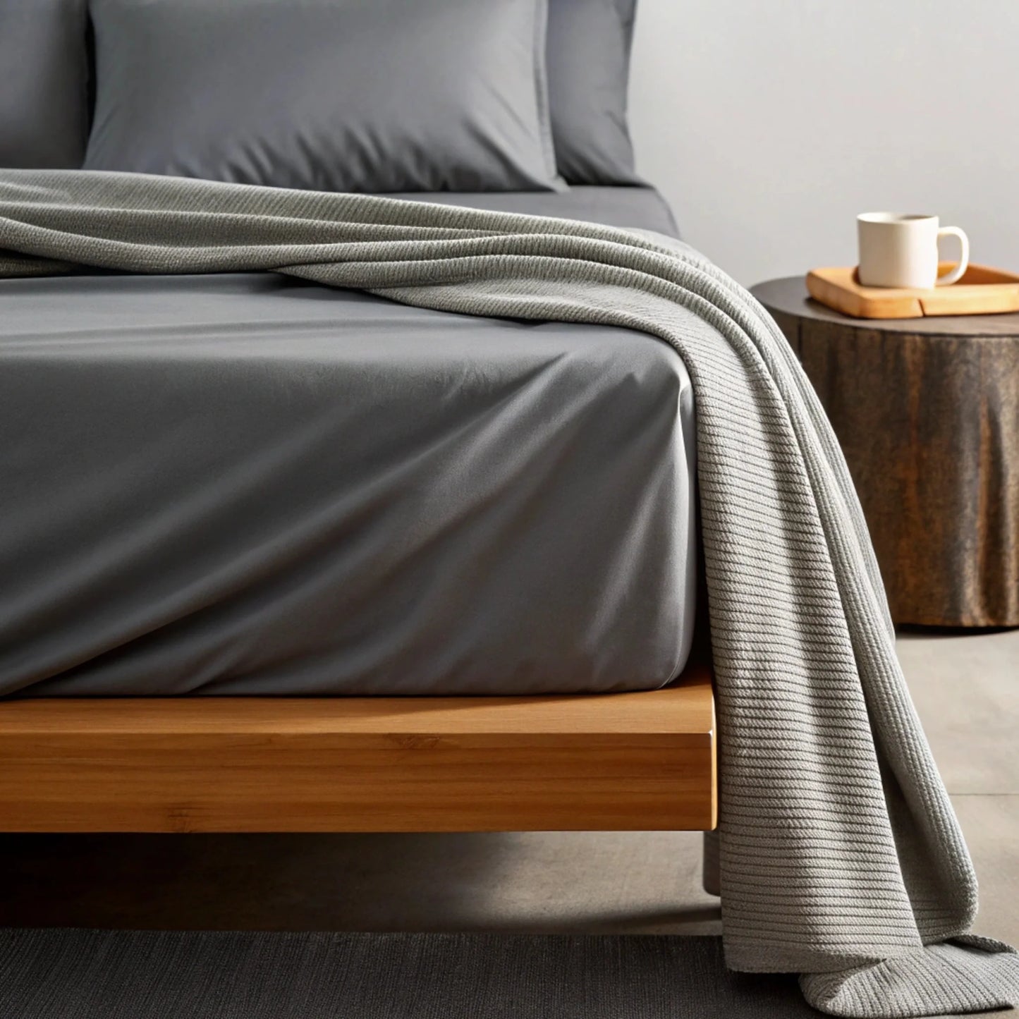 Graphite gray sheet set with draped gray throw blanket on a bed.