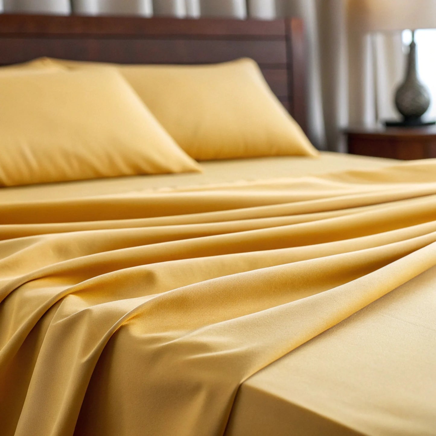 Copper-infused bamboo sheet set in dusty mustard, close-up of smooth sheet folds