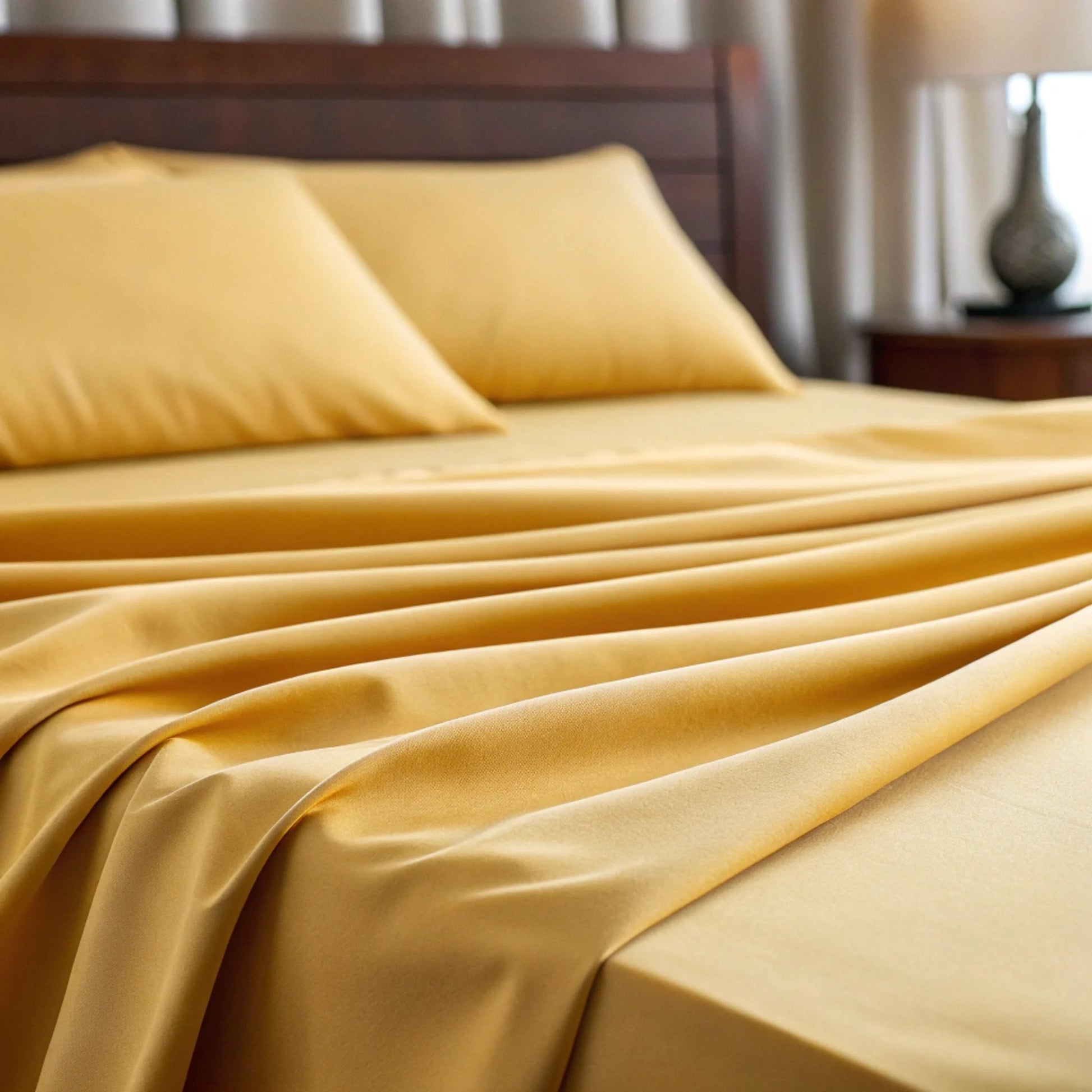 Copper-infused bamboo sheet set in dusty mustard, close-up of smooth sheet folds