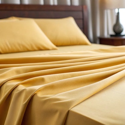 Copper-infused bamboo sheet set in dusty mustard, close-up of smooth sheet folds