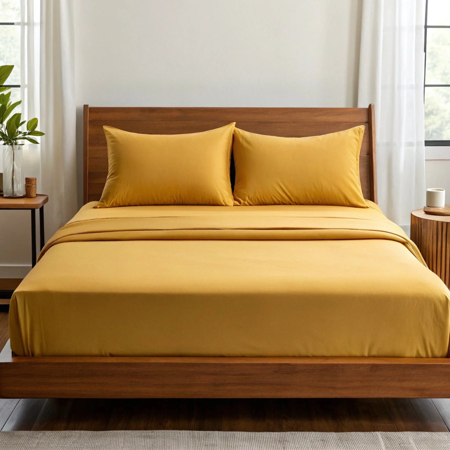 Copper-infused bamboo sheet set in dusty mustard, with fitted sheet and pillowcases