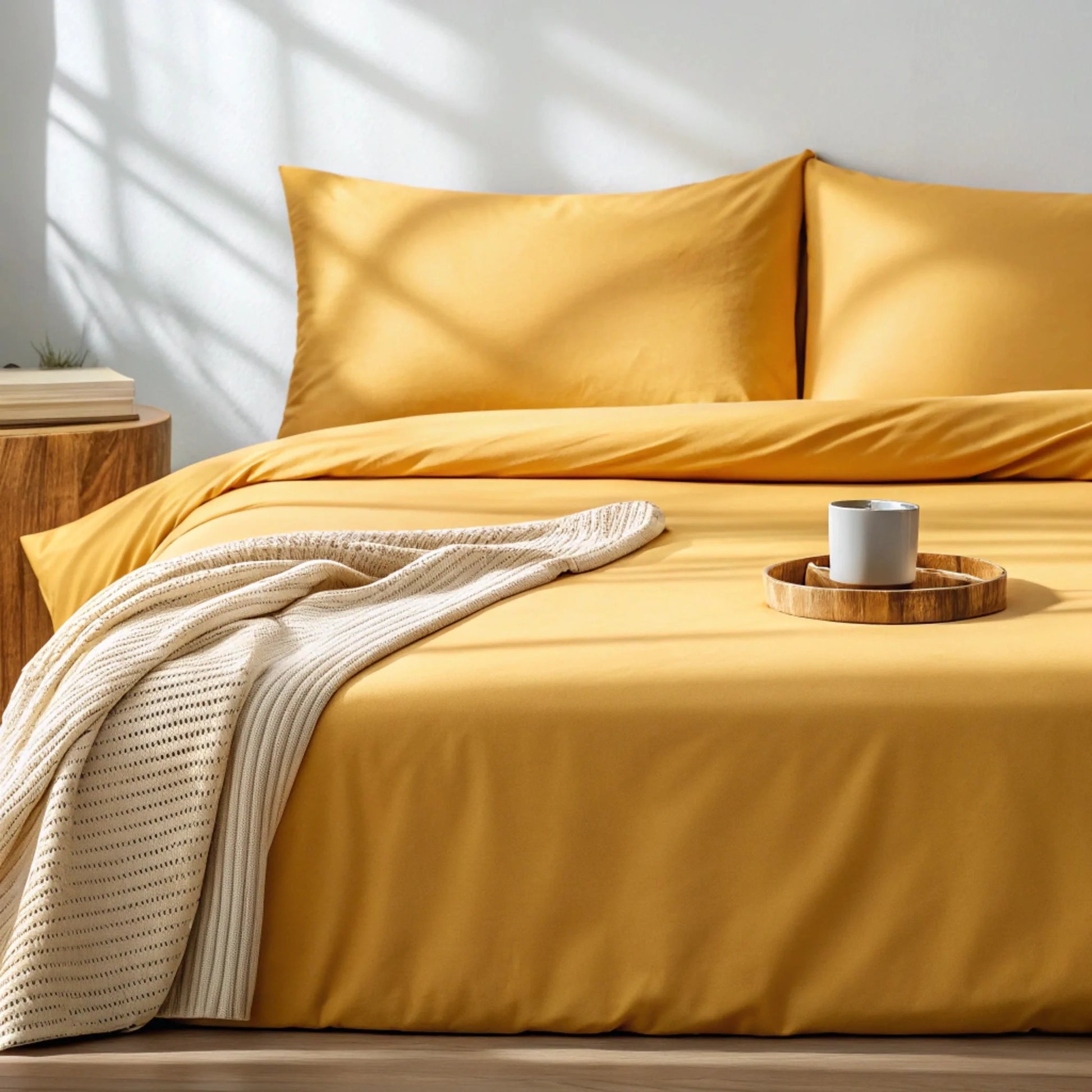 Copper-infused bamboo sheet set in dusty mustard, neatly laid on bed with pillows