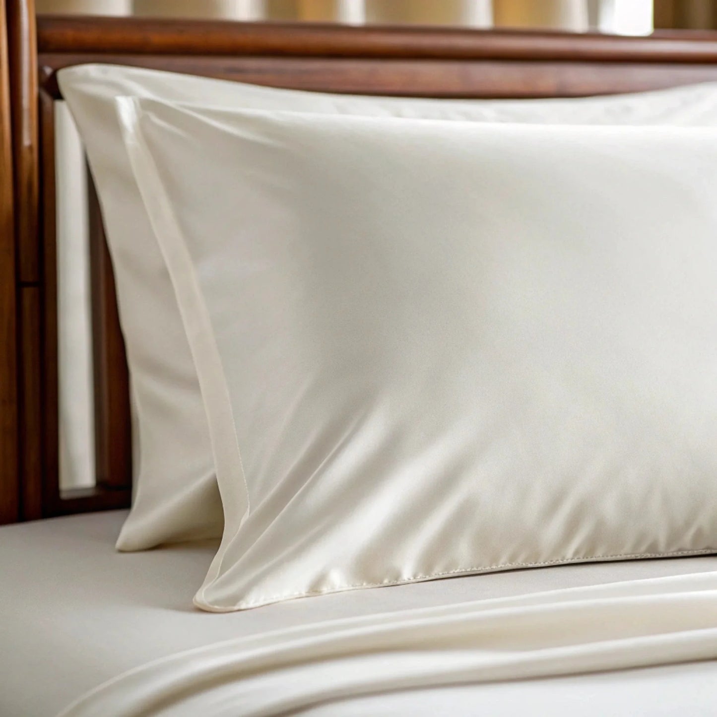 Powder white bamboo pillowcase with smooth fabric and stitched seam