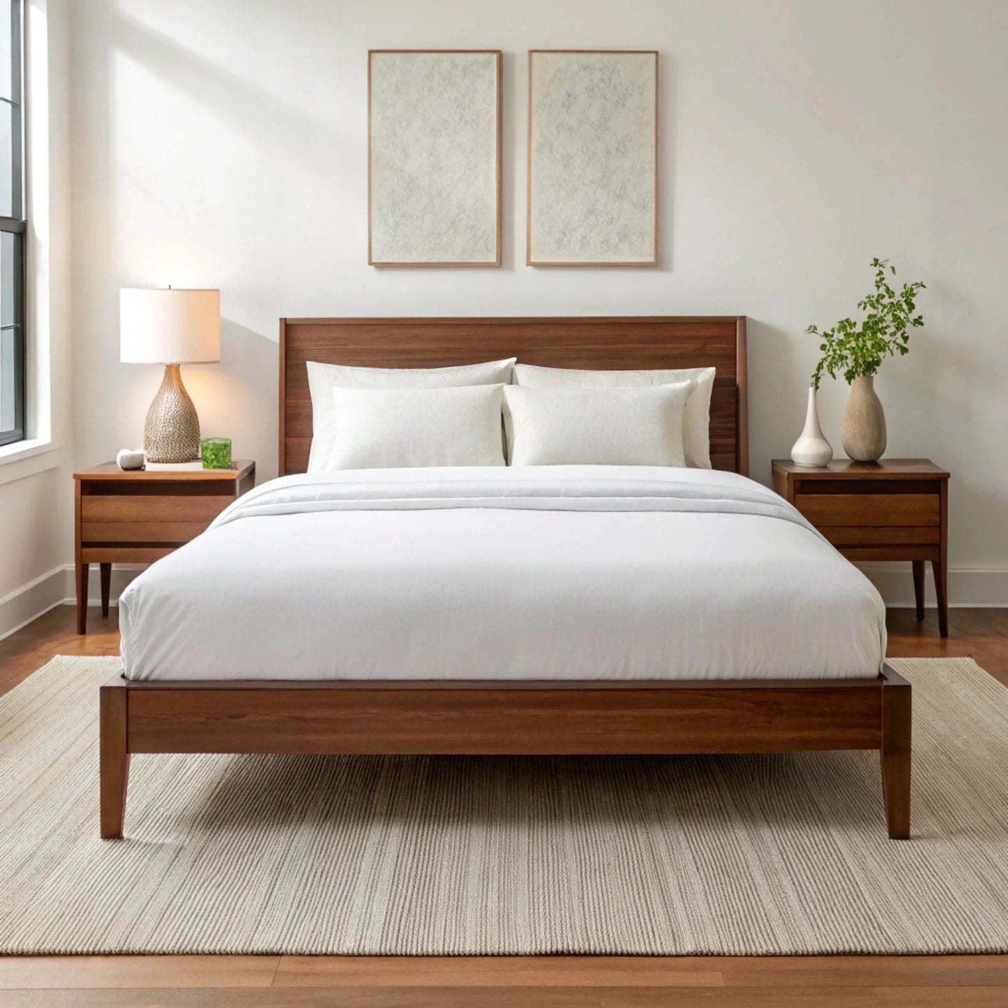 Copper-infused bamboo sheet set in powder white, styled on bed with pillowcases
