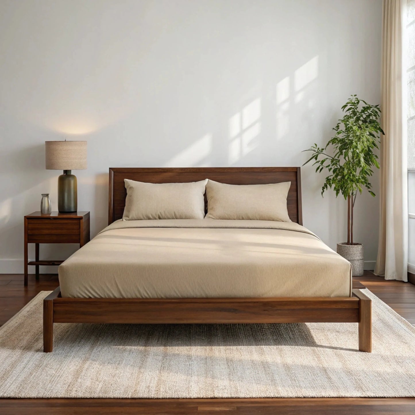 Light beige sheet set on bed with two pillows, neatly fitted flat sheet.