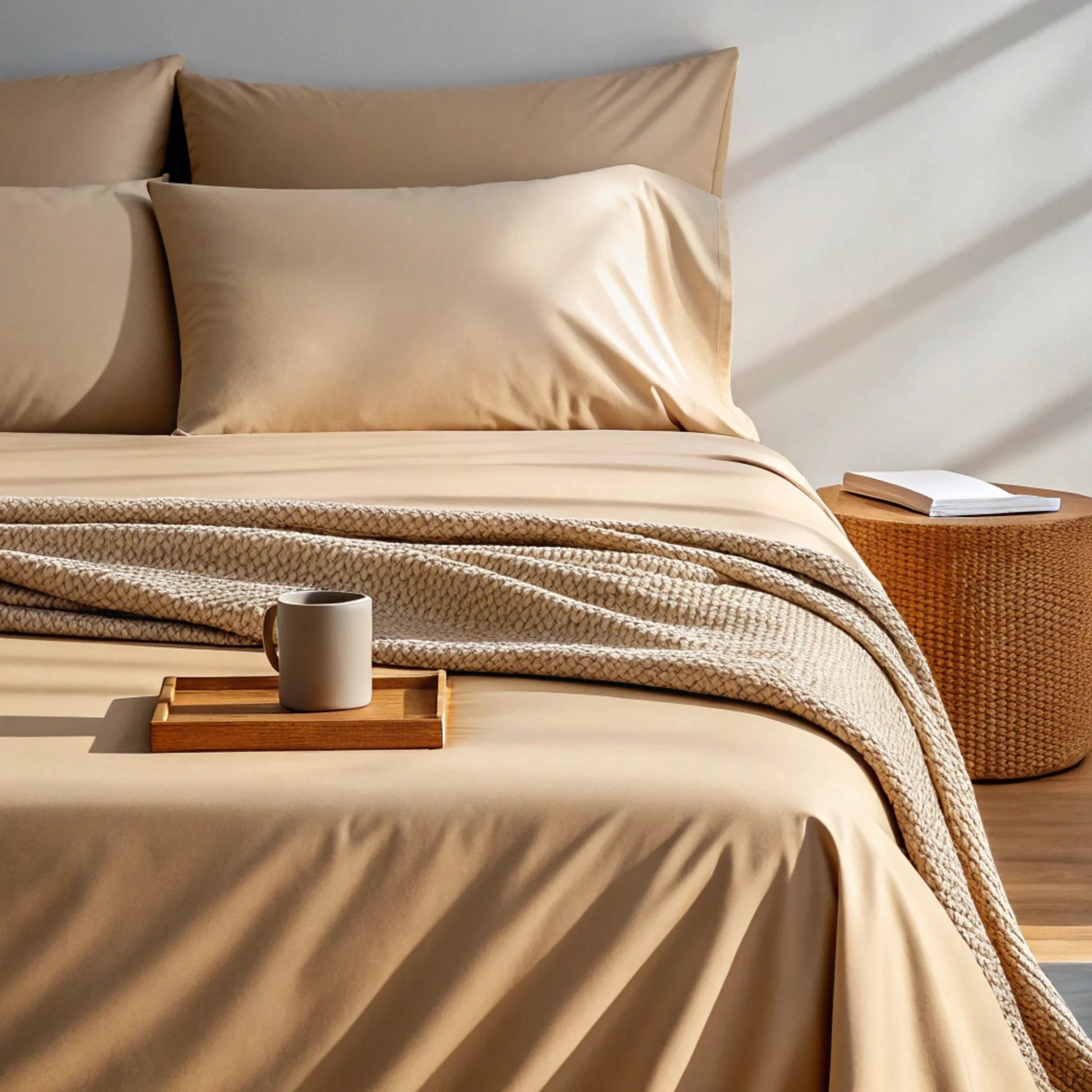 Cream sheet set with draped textured throw on bed, close-up of fabric folds.