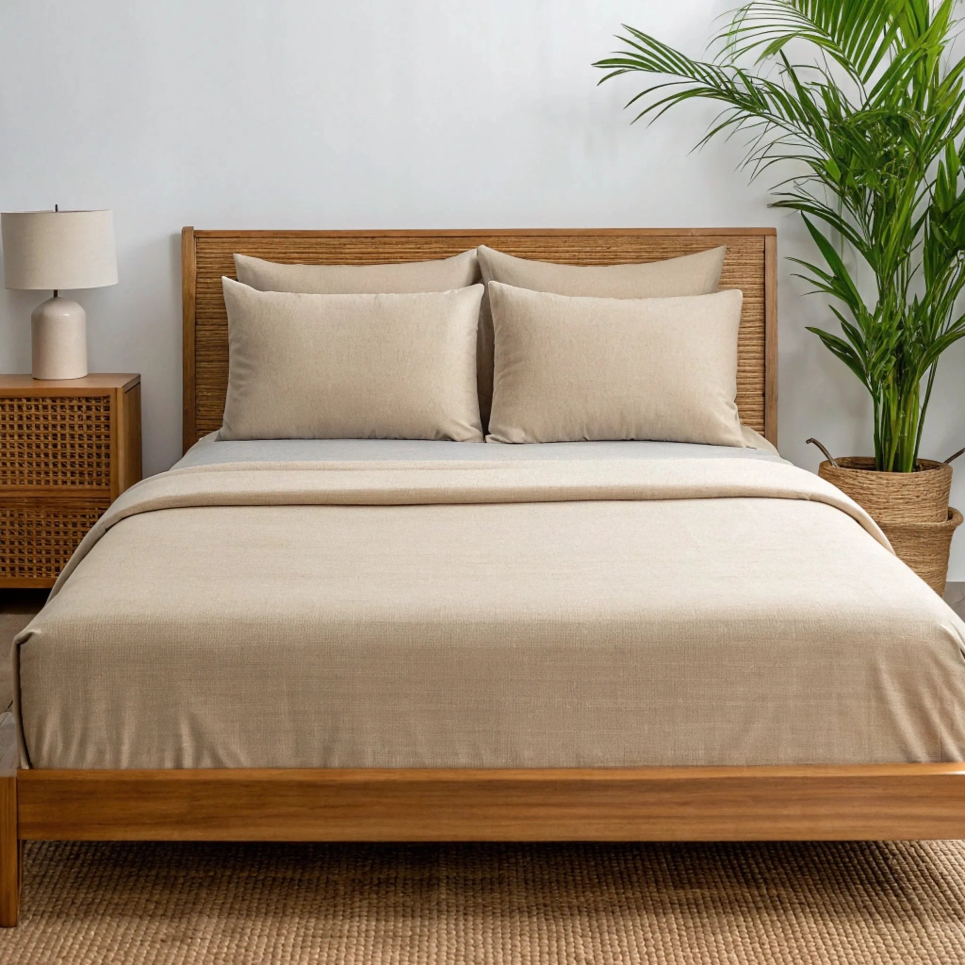 Beige fitted sheet and pillowcases on a bed with wooden headboard.