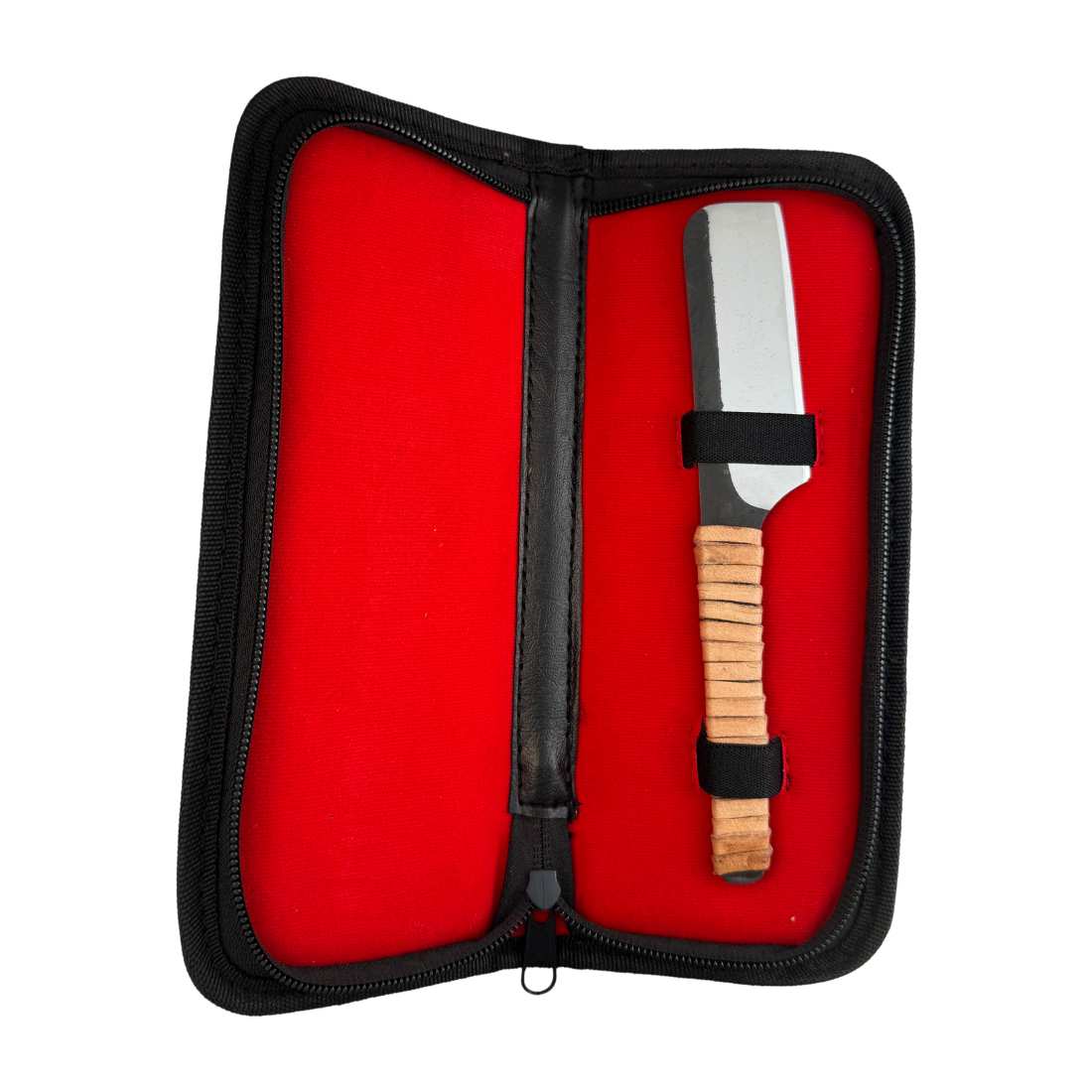 Kamisori straight razor in zippered case with red lining and padded strap