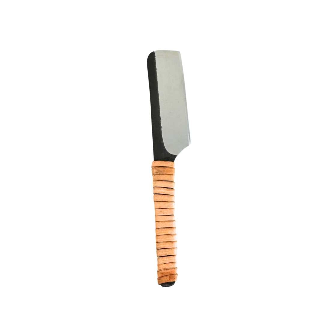 Kamisori straight razor with black steel blade and wood-textured handle