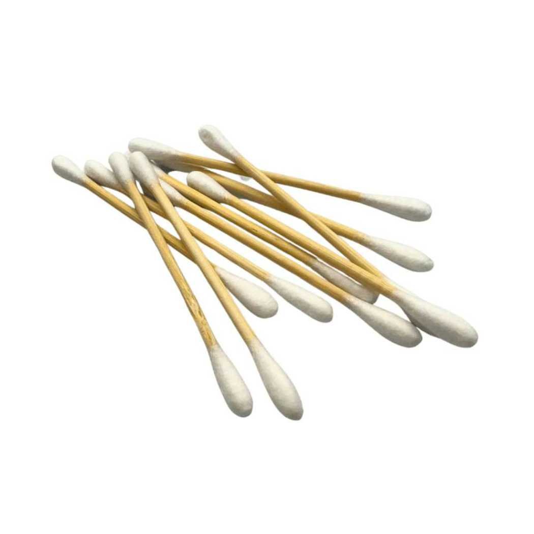 Cotton buds with white tips on light wood stems, fanned view