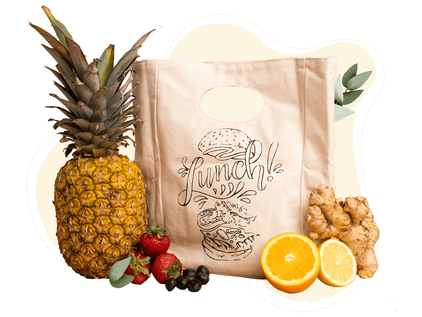 Canvas lunch bag with black “Lunch!” front graphic and oval handle opening