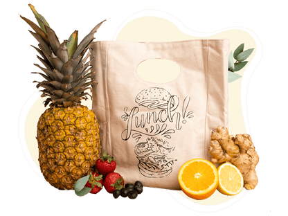 Canvas lunch bag with black “Lunch!” front graphic and oval handle opening