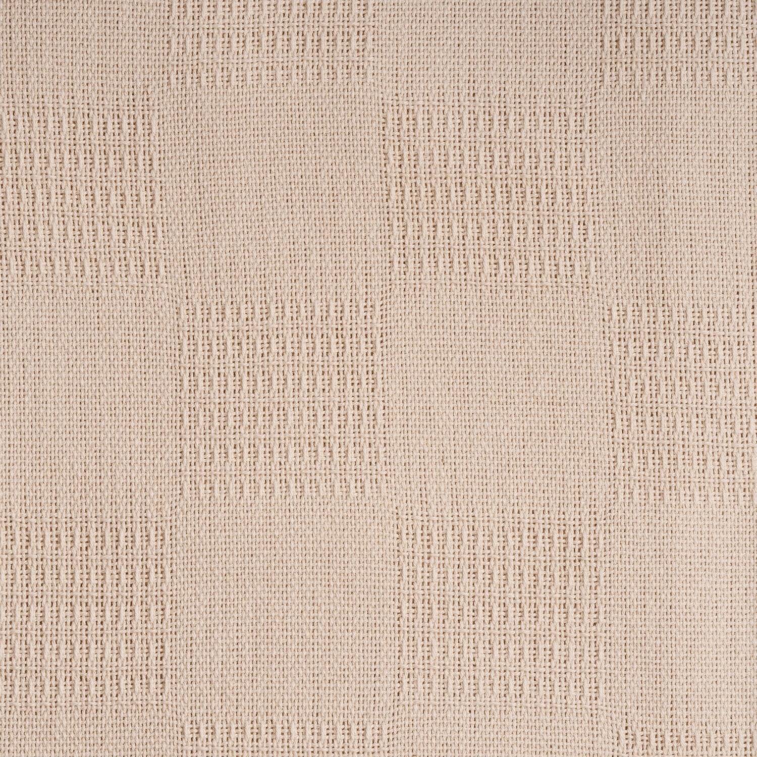 Lightweight cotton blanket fabric close-up, beige textured woven pattern