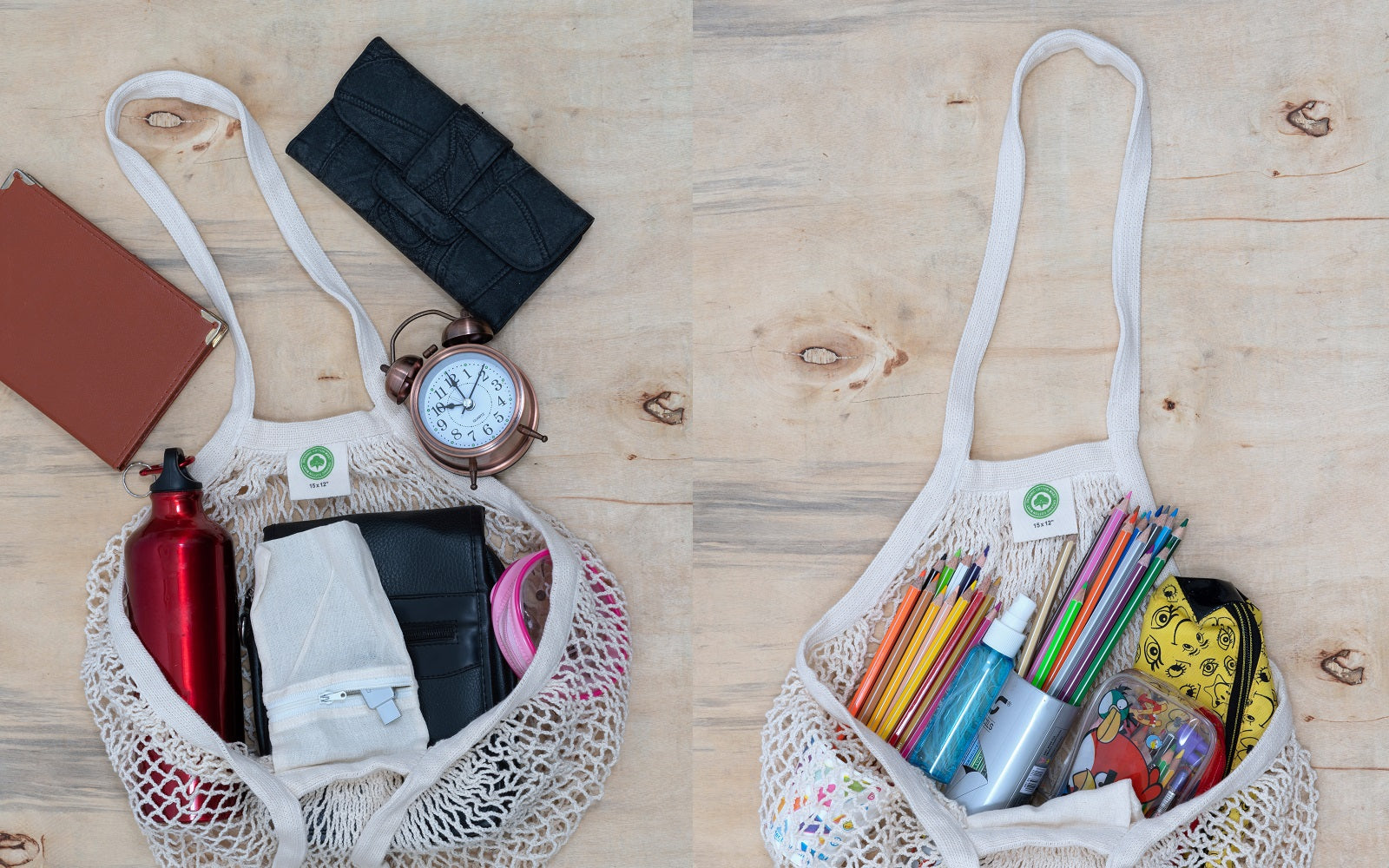Mesh tote bag with long straps, filled with pens, wallet, and small items
