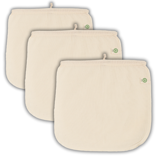 Set of 3 nut milk bags, off-white mesh with drawstring ties