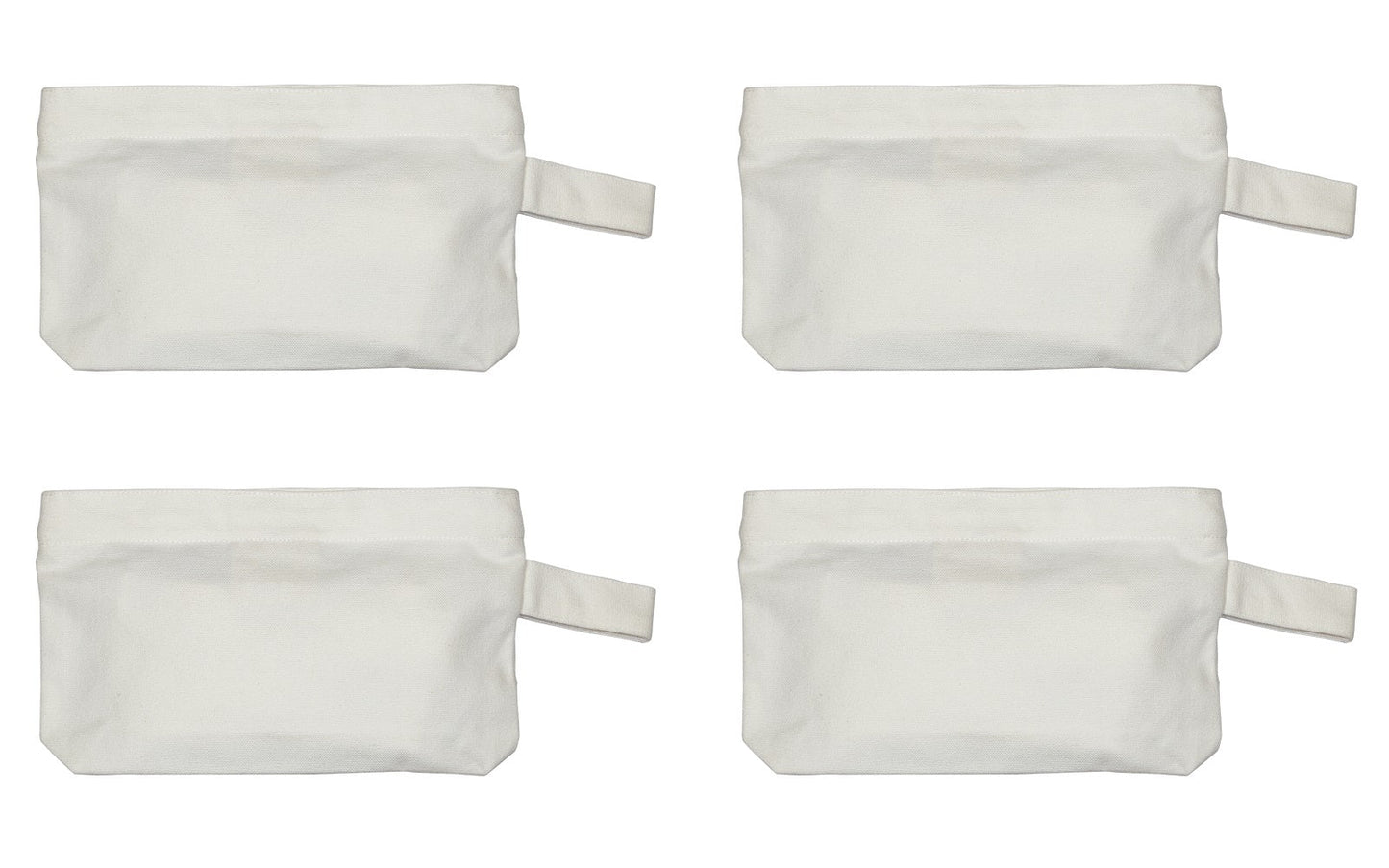 Set of four white canvas zipper pouches with tab handles
