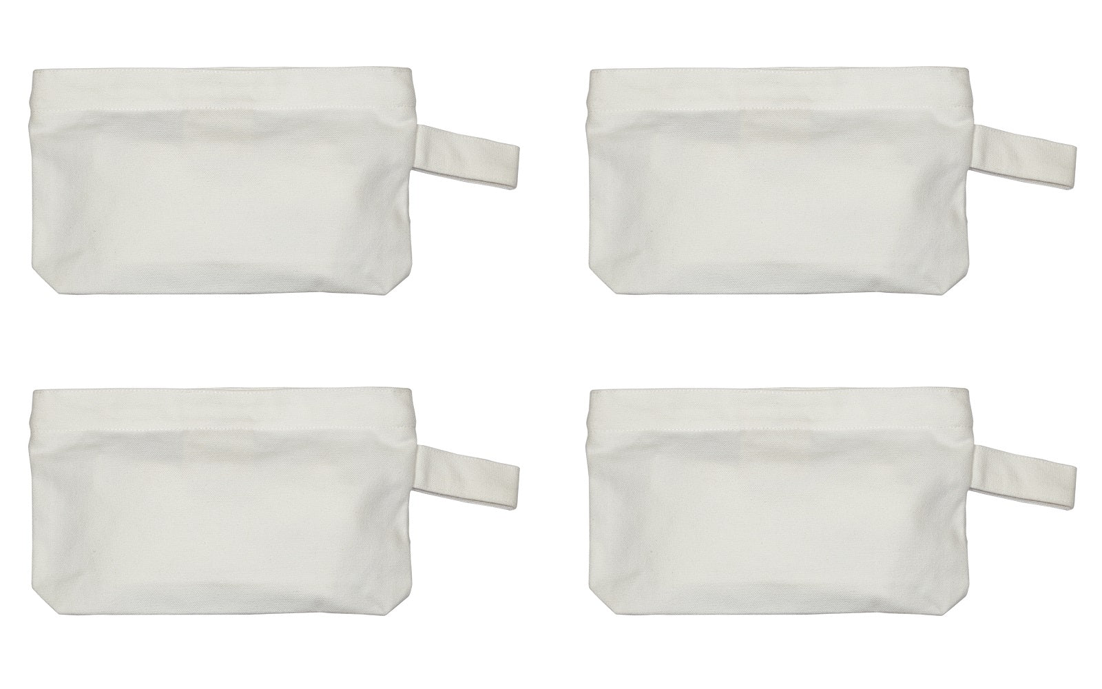 Set of four white canvas zipper pouches with tab handles
