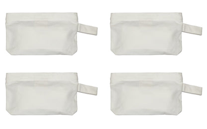 Set of four white canvas zipper pouches with tab handles