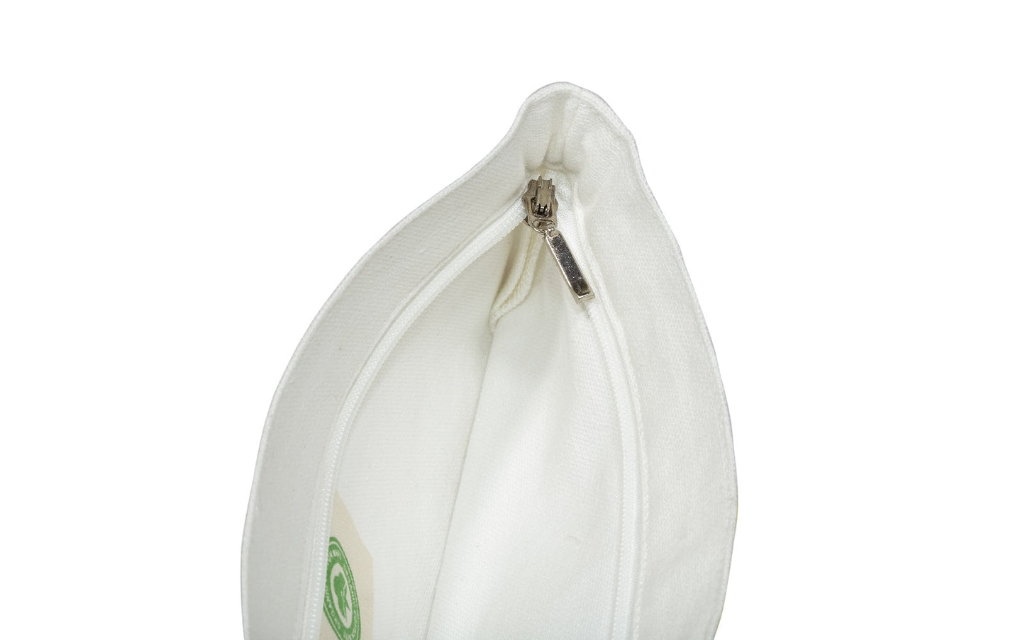 White canvas zipper pouch with metal zipper and pull tab