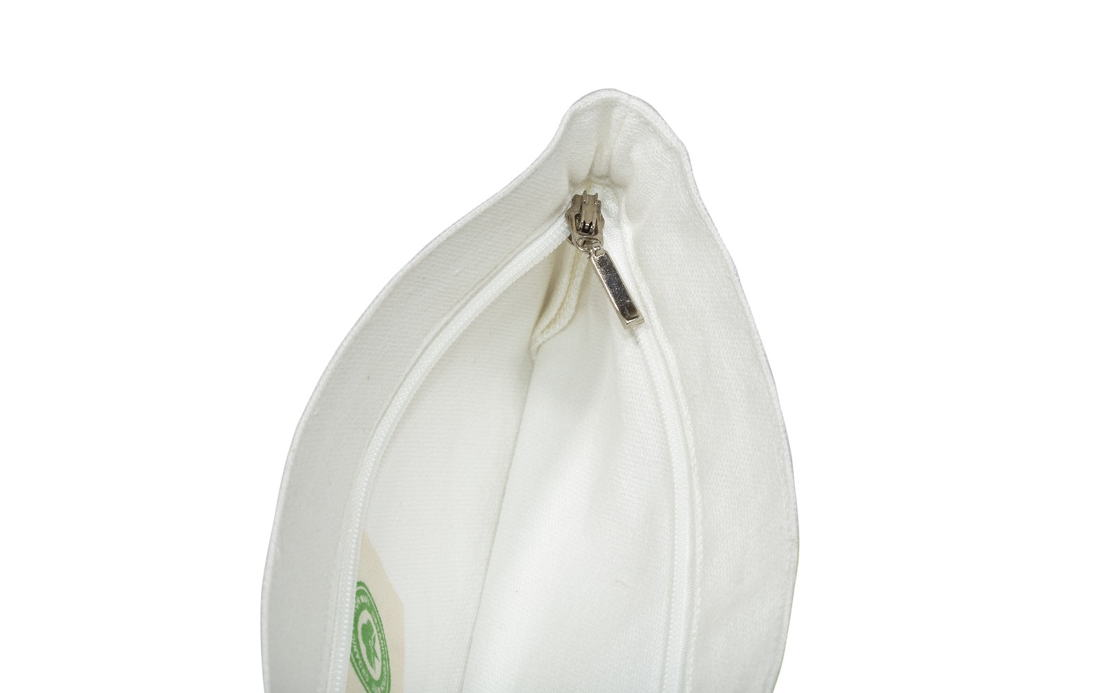 White canvas zipper pouch with metal zipper and pull tab