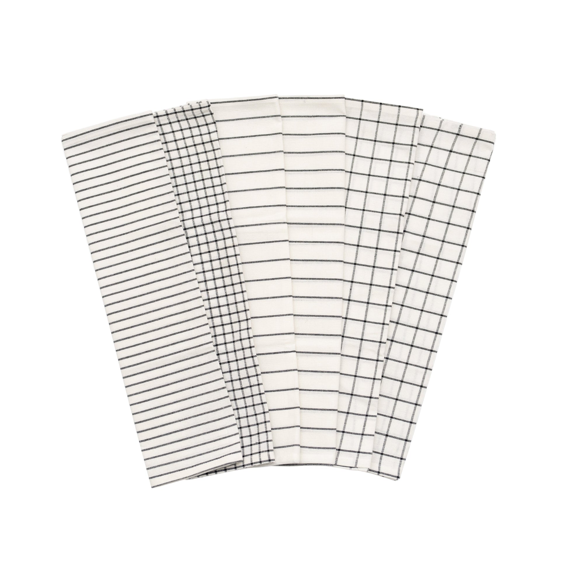 Kitchen towel set: folded striped and check towels in white with black grid lines