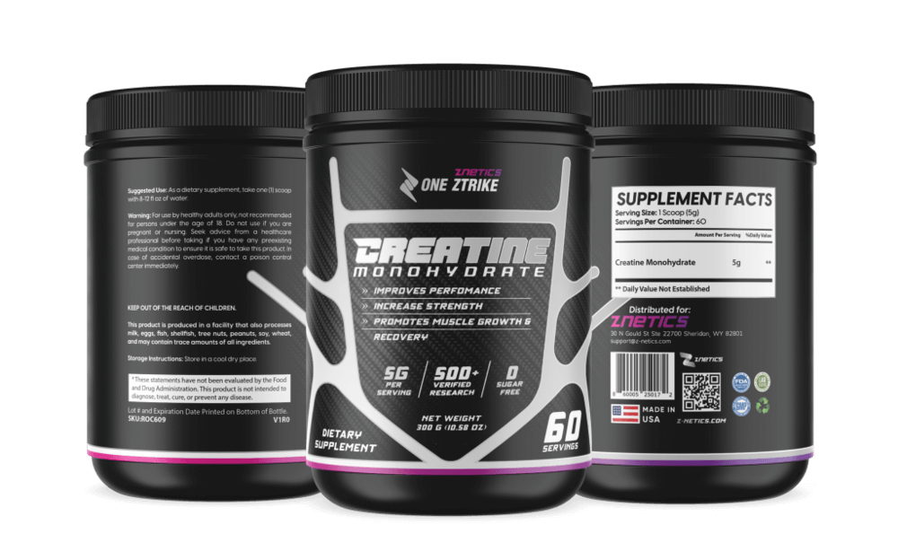 Three Creatine monohydrate tubs with ONE ZTRIKE by ZNETICS labels
