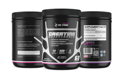 Three Creatine monohydrate tubs with ONE ZTRIKE by ZNETICS labels