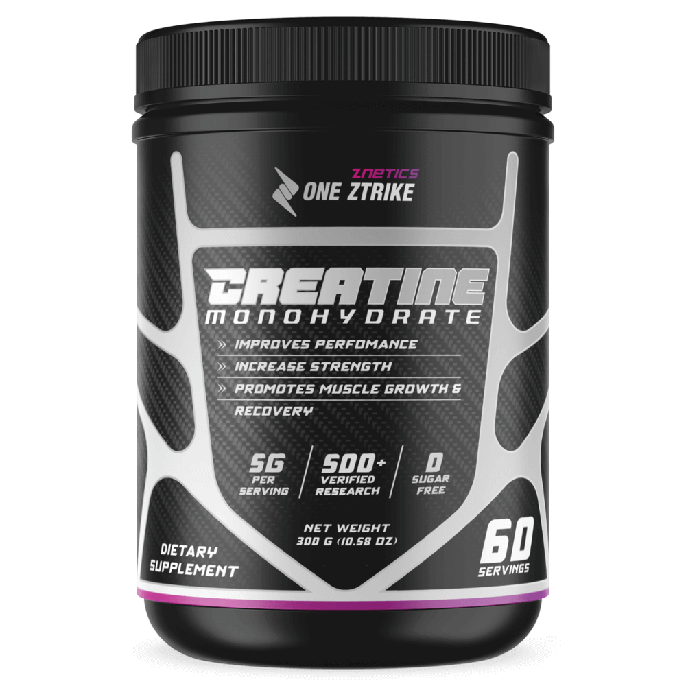 Creatine monohydrate tub with ONE ZTRIKE by ZNETICS front label, 60 servings