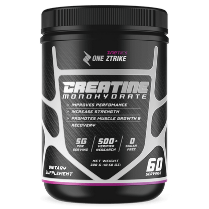 Creatine monohydrate tub with ONE ZTRIKE by ZNETICS front label, 60 servings