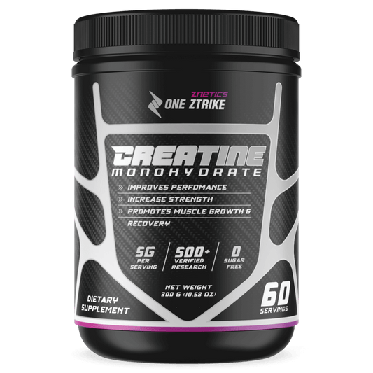Creatine monohydrate tub with ONE ZTRIKE by ZNETICS front label, 60 servings