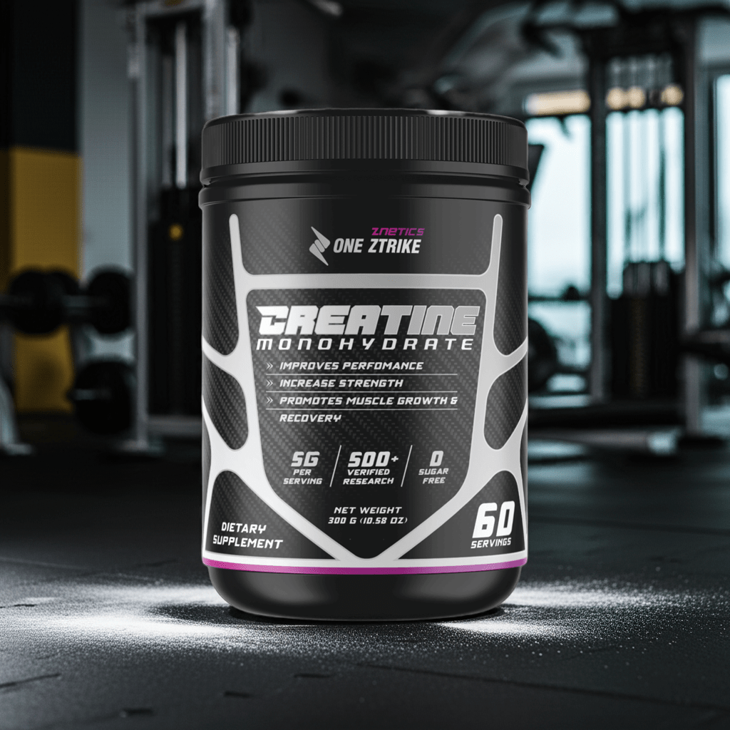 Creatine monohydrate tub front label, black lid, ONE ZTRIKE by ZNETICS branding
