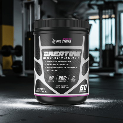 Creatine monohydrate tub front label, black lid, ONE ZTRIKE by ZNETICS branding
