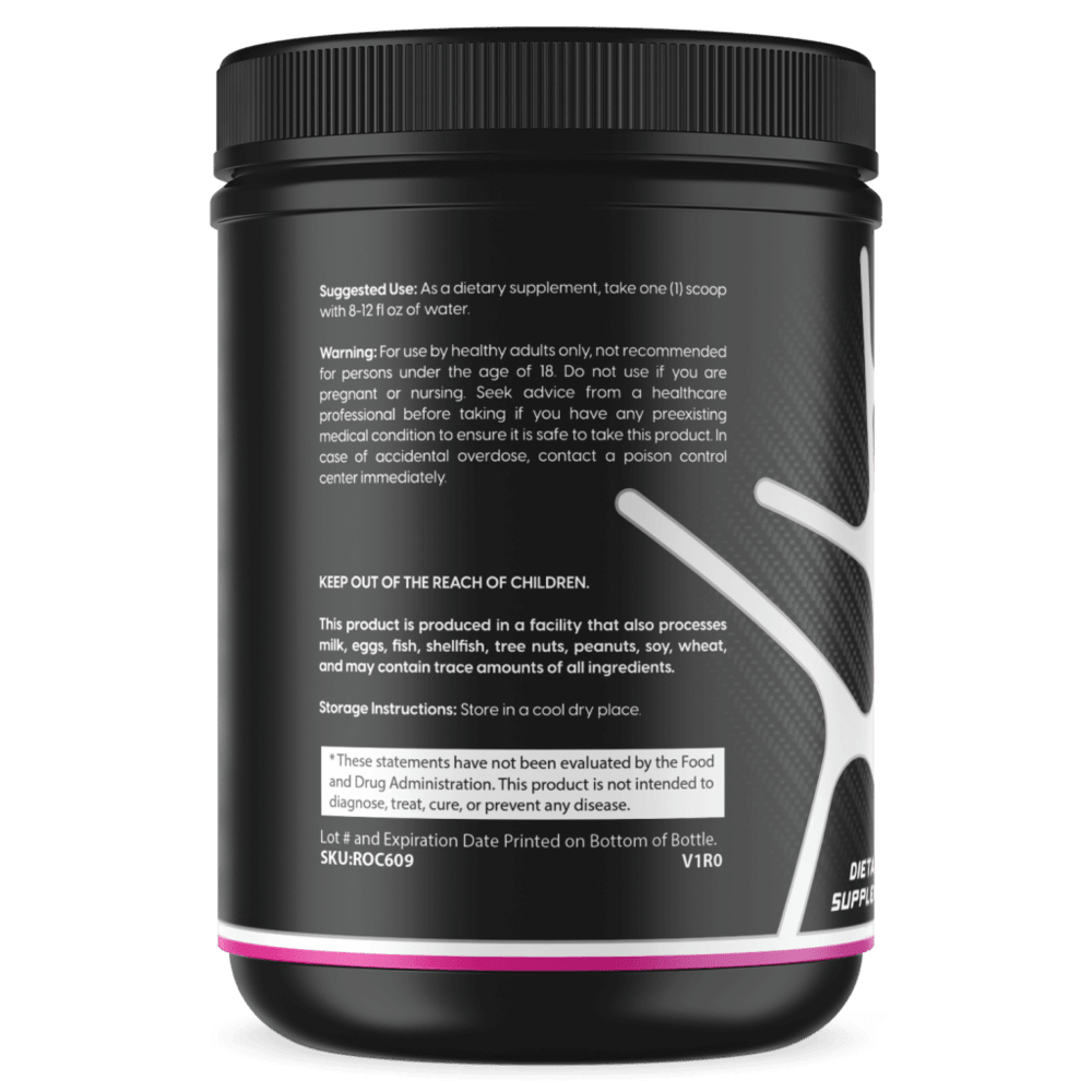 Creatine monohydrate tub back label with warning/storage text, black with magenta band